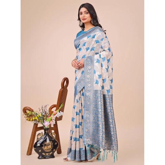 Women's Linen Cotton Printed Saree With Unstitched Blouse 5.5Mtr (Sky Blue)