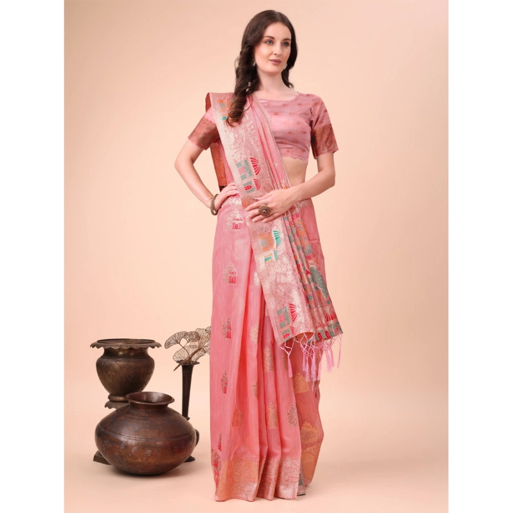 Women's Linen Cotton Printed Saree With Unstitched Blouse 5.5Mtr (Pink)