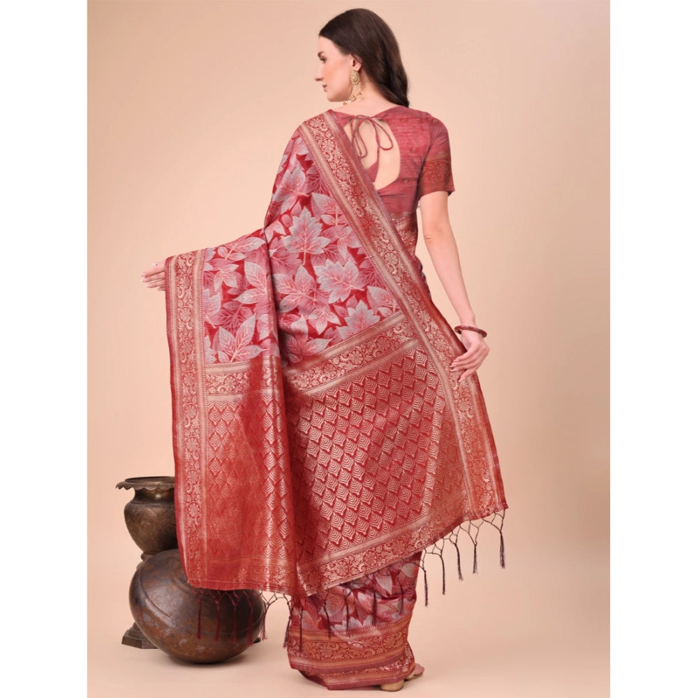 Women's Cotton Printed Saree With Unstitched Blouse 5.5Mtr (Red)