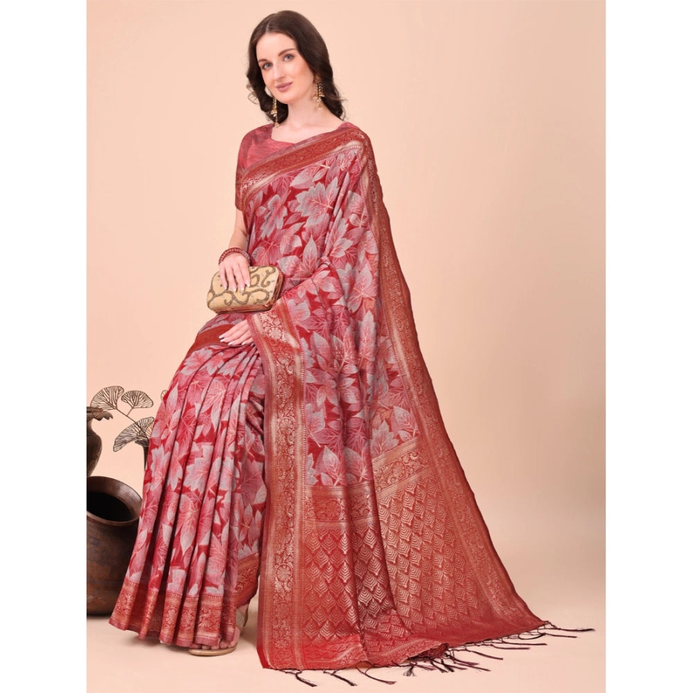 Women's Cotton Printed Saree With Unstitched Blouse 5.5Mtr (Red)