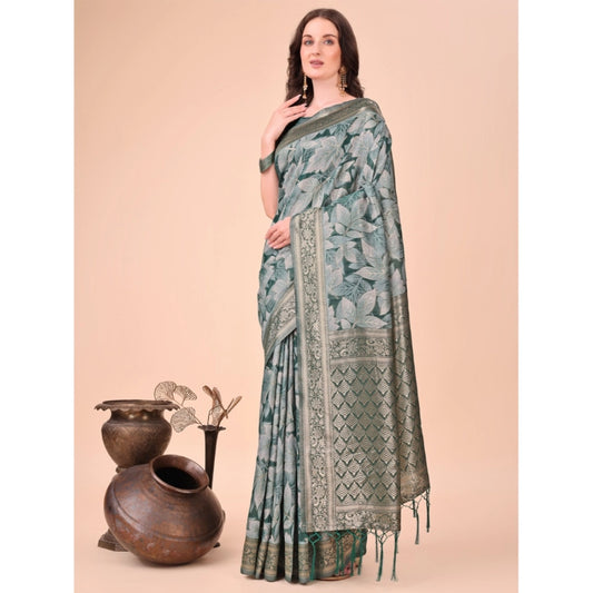 Women's Cotton Printed Saree With Unstitched Blouse 5.5Mtr (Green)