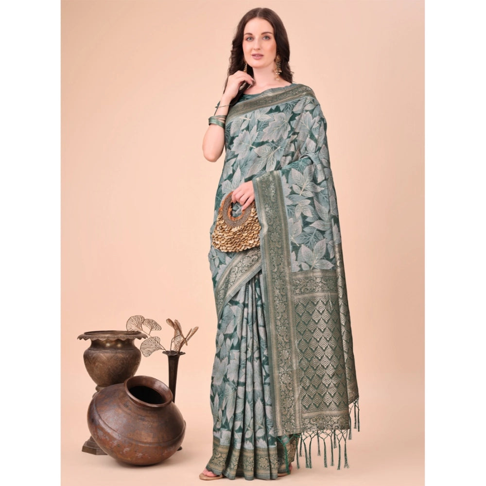 Women's Cotton Printed Saree With Unstitched Blouse 5.5Mtr (Green)