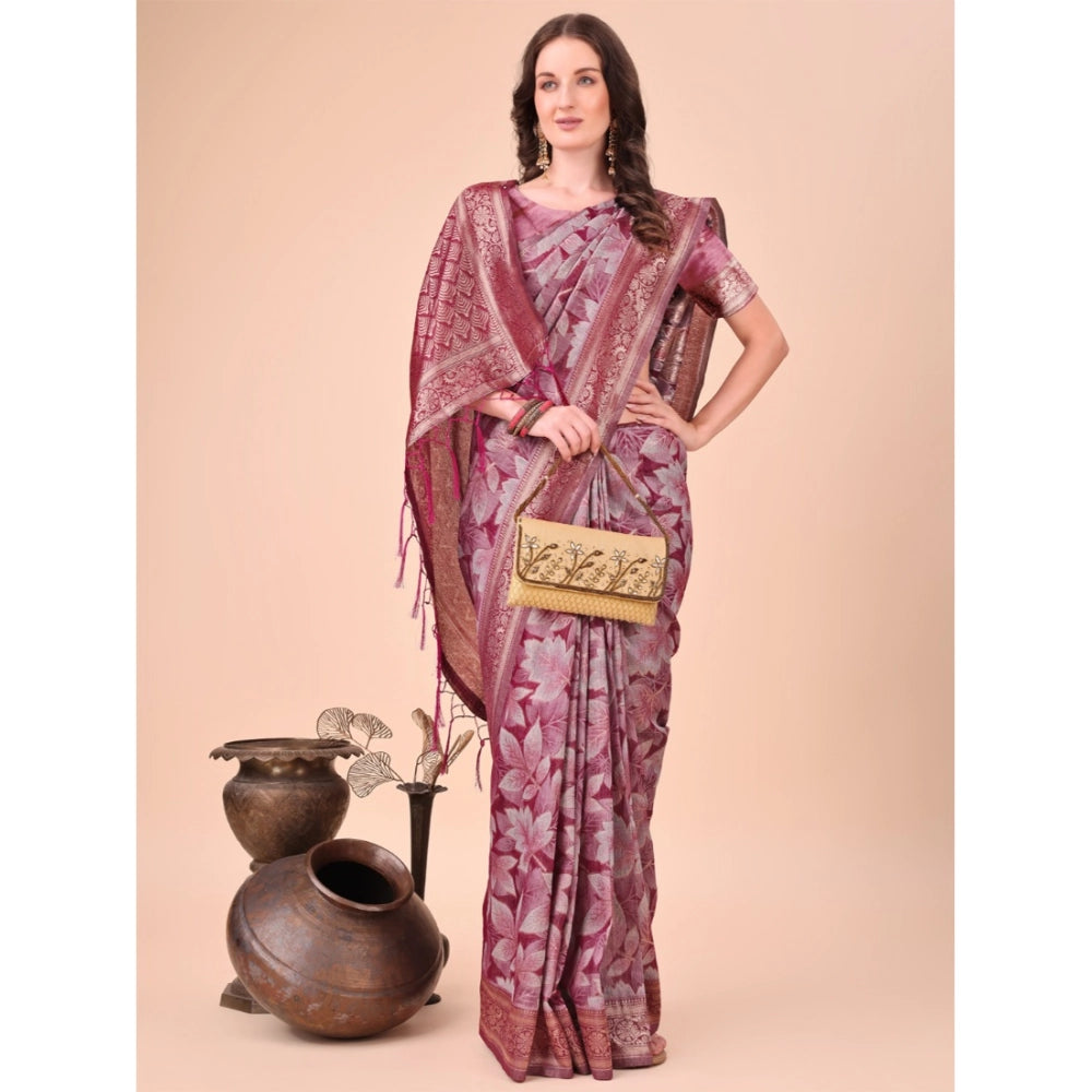 Women's Cotton Printed Saree With Unstitched Blouse 5.5Mtr (Magenta)
