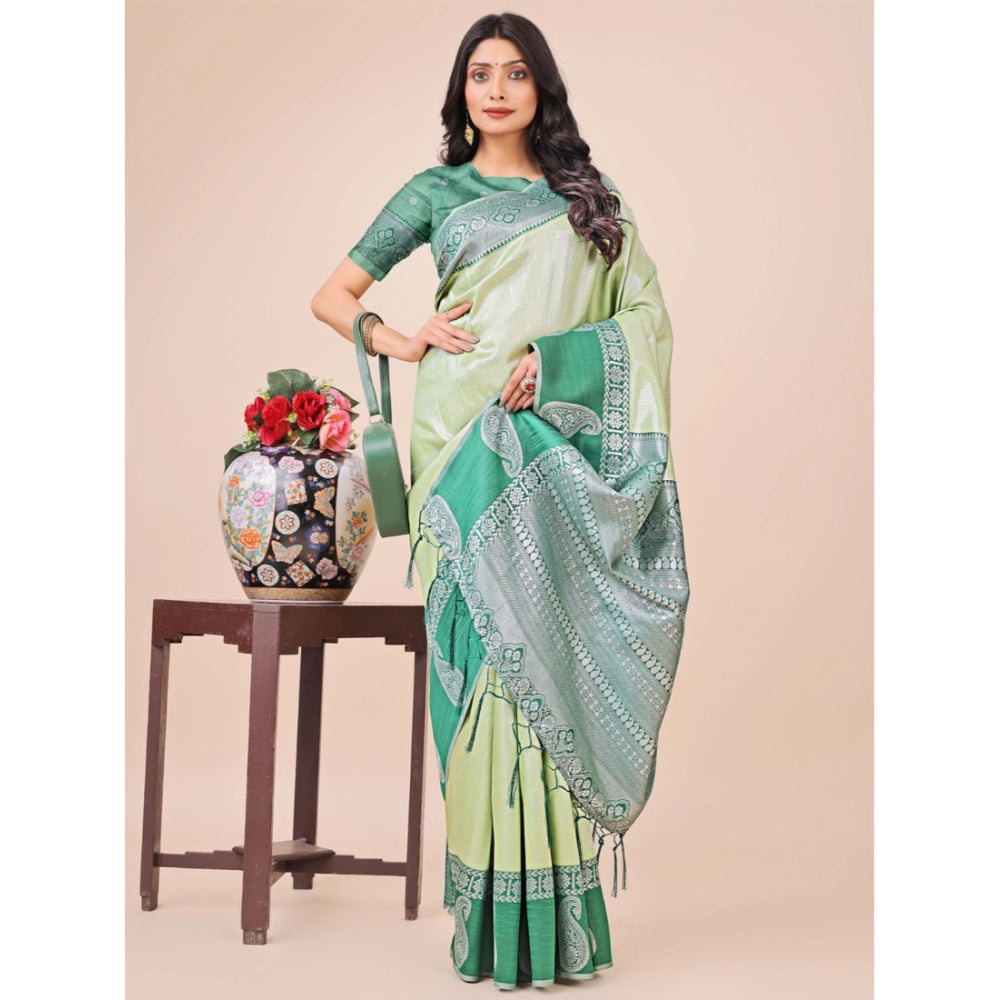 Women's Lichi Silk Printed Saree With Unstitched Blouse 5.5Mtr (Light Green)