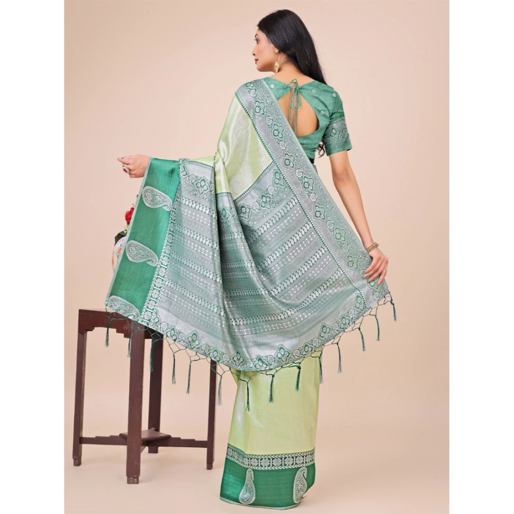 Women's Lichi Silk Printed Saree With Unstitched Blouse 5.5Mtr (Light Green)