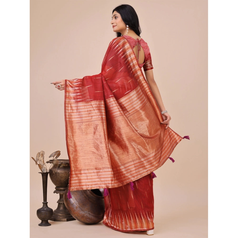 Women's Linen Cotton Printed Saree With Unstitched Blouse 5.5Mtr (Red)