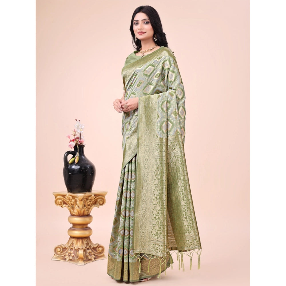 Women's Cotton Printed Saree With Unstitched Blouse 5.5Mtr (Mhendi Green)