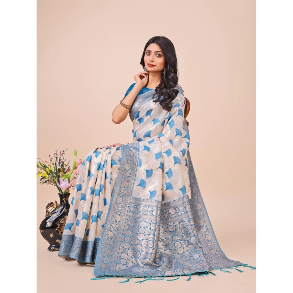 Women's Linen Cotton Printed Saree With Unstitched Blouse 5.5Mtr (Sky Blue)