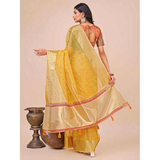 Women's Organza Printed Saree With Unstitched Blouse 5.5Mtr (Yellow)