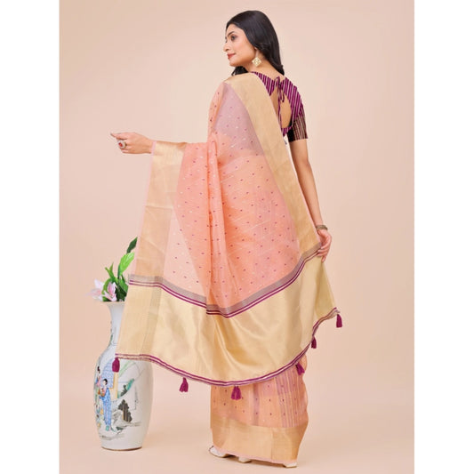 Women's Organza Printed Saree With Unstitched Blouse 5.5Mtr (Light Pink)