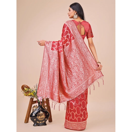 Women's Linen Cotton Printed Saree With Unstitched Blouse 5.5Mtr (Red)