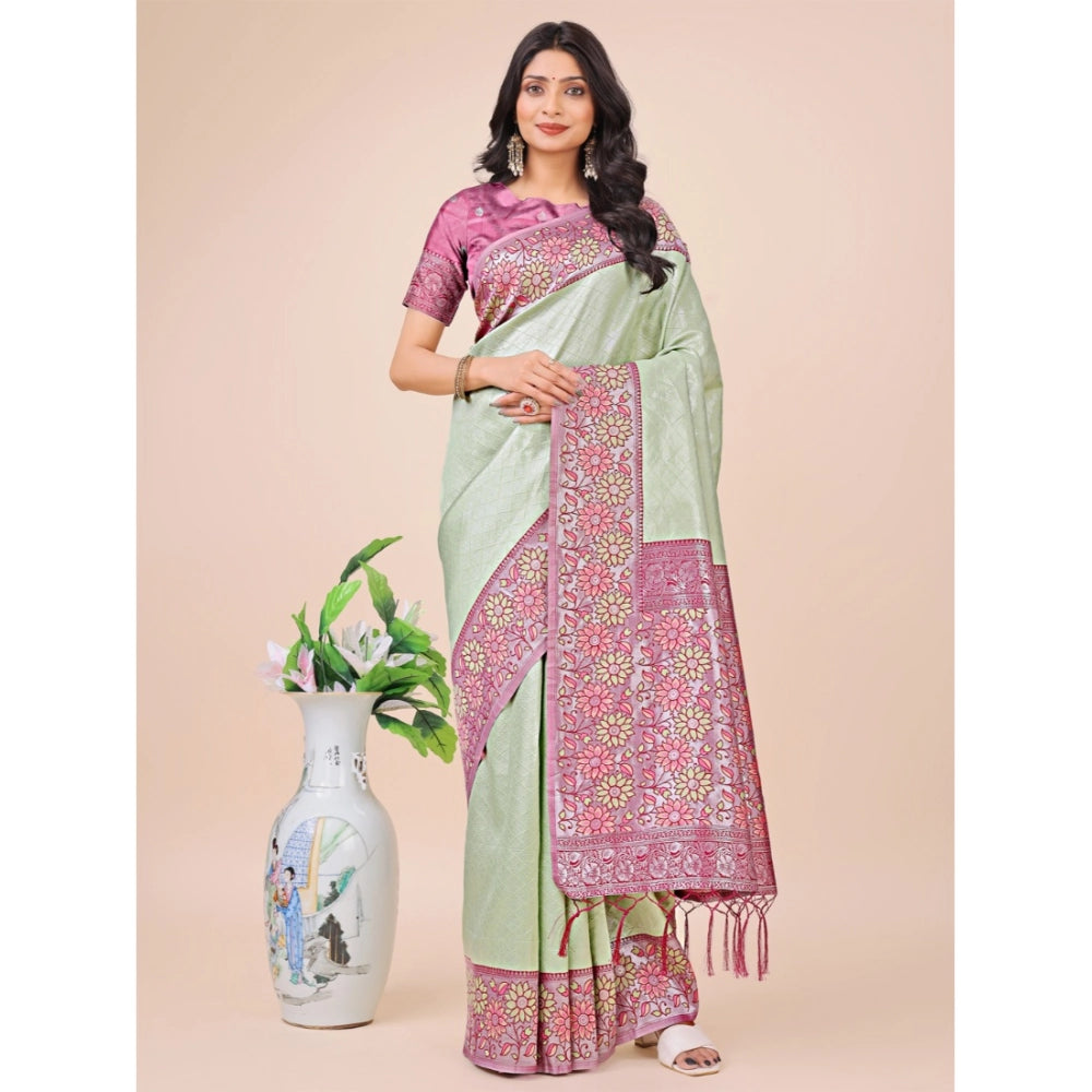 Women's Lichi Silk Printed Saree With Unstitched Blouse 5.5Mtr (Olive Green)
