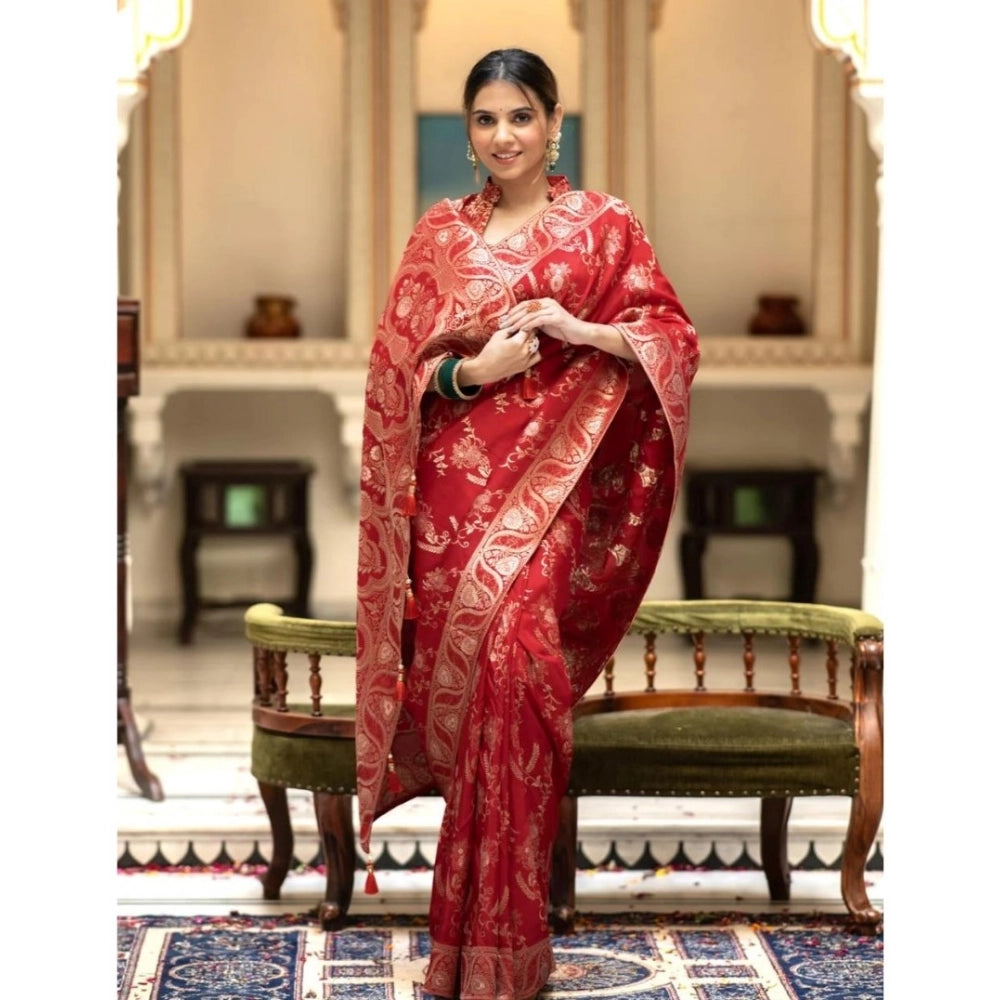 Women's Silk Printed Saree With Unstitched Blouse 5.5Mtr (Red)