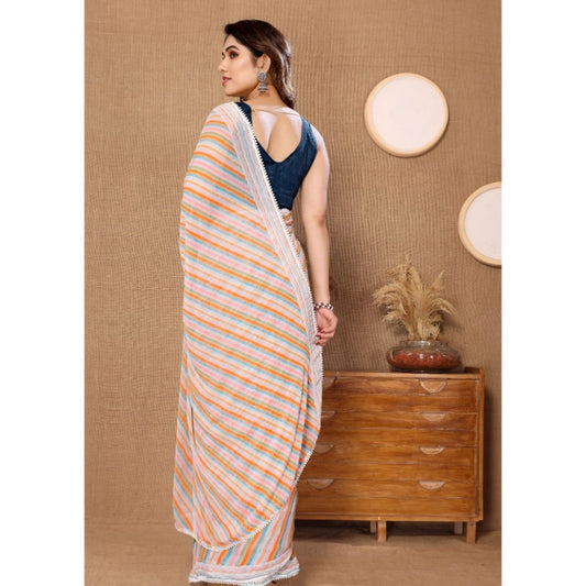 Women's Small Lace Georgette Striped Ready-to-Wear Saree With Unstitched Blouse 5.5 Mtr (Orange)