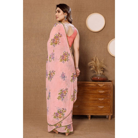 Women's Small Lace Georgette Printed Ready-to-Wear Saree With Unstitched Blouse 5.5 Mtr (Peach)