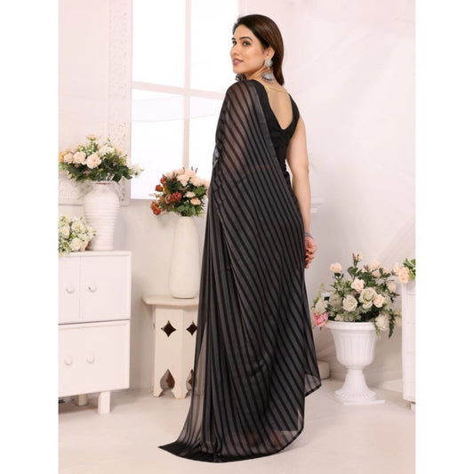 Women's Black Berry Striped Ready-to-Wear Saree With Unstitched Blouse 5.5 Mtr (Grey-Black)