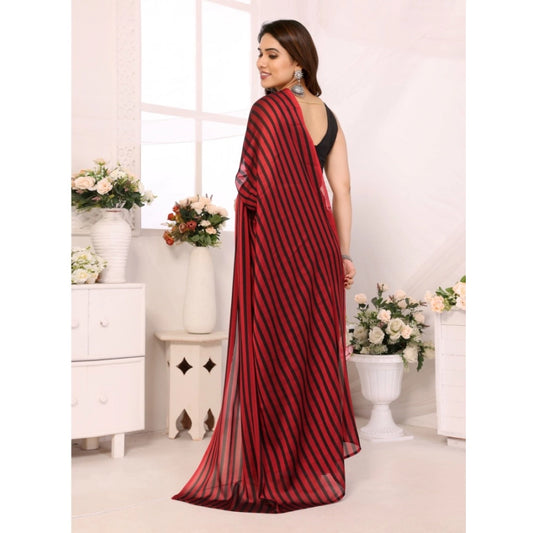 Women's Black Berry Striped Ready-to-Wear Saree With Unstitched Blouse 5.5 Mtr (Red-Black)