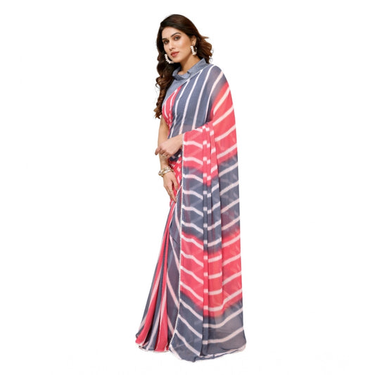 Women's Small Lace Georgette Striped Ready-to-Wear Saree With Unstitched Blouse 5.5 Mtr (Pink)