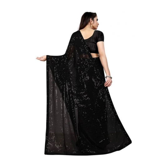 Women's Georgette Embellished Sequnece Bollywood Saree With Unstitched Blouse 5.5Mtr (Black)