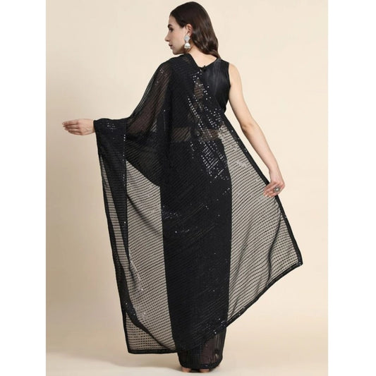 Women's Georgette Embellished Sequnece Bollywood Saree With Unstitched Blouse 5.5Mtr (Black)