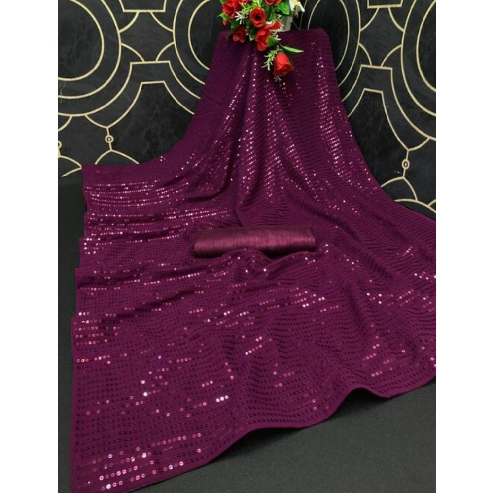 Women's Georgette Embellished Sequnece Bollywood Saree With Unstitched Blouse 5.5Mtr (Purple)