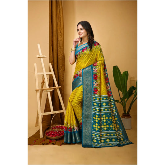 Women's Soft Dola Cotton Kalamkari Printed Saree With Unstitched Blouse 5.5Mtr (Yellow)