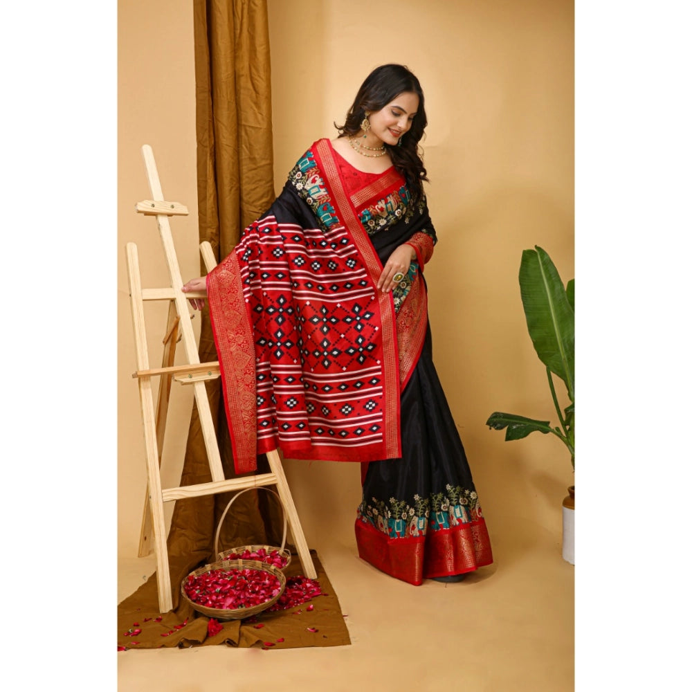 Women's Soft Dola Cotton Kalamkari Printed Saree With Unstitched Blouse 5.5Mtr (Black)