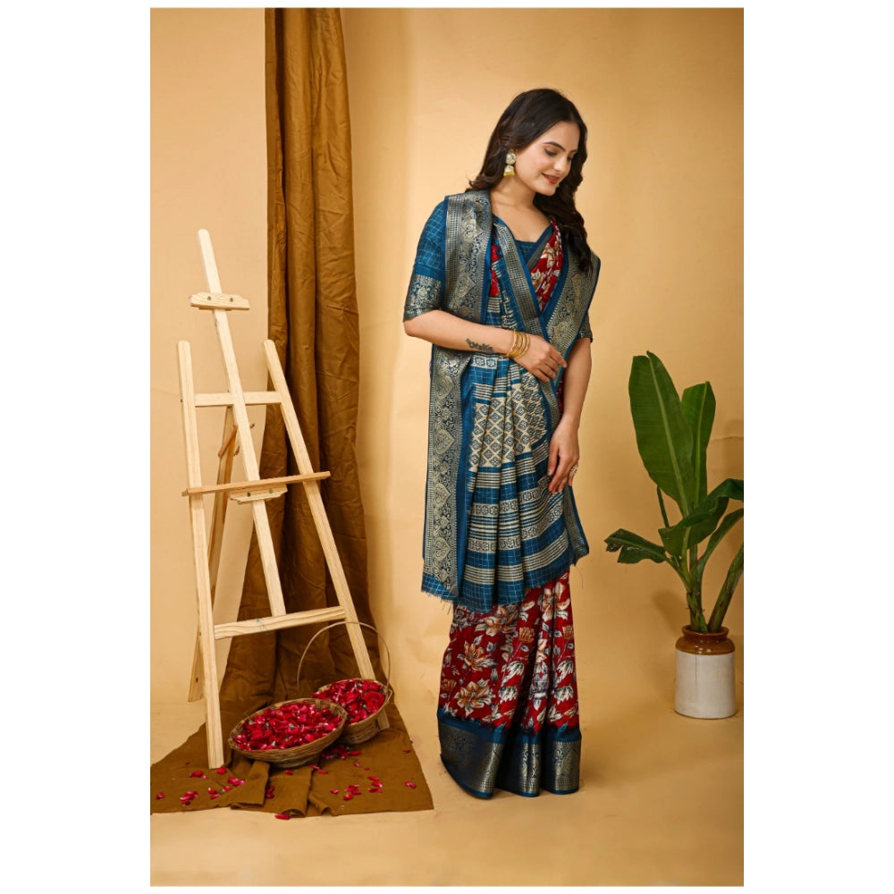 Women's Soft Dola Cotton Kalamkari Printed Saree With Unstitched Blouse 5.5Mtr (Red)