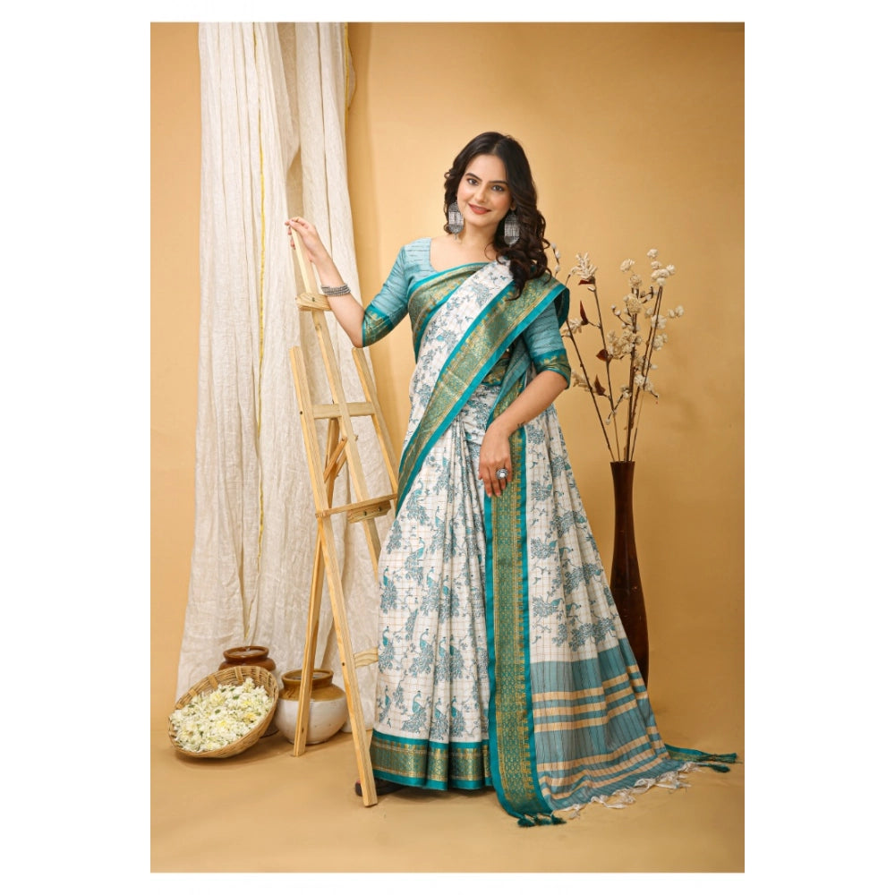 Generic Women's Soft Cotton Silk Printed Saree With Unstitched Blouse 5.5Mtr (Turquoise)
