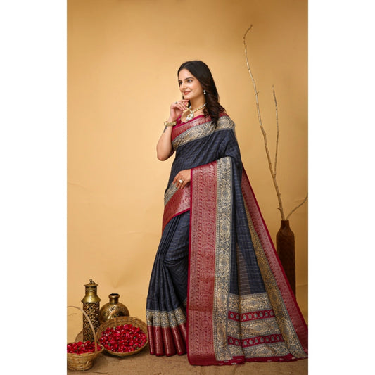 Women's Soft Dola Cotton Kalamkari Printed Saree With Unstitched Blouse 5.5Mtr (Grey)