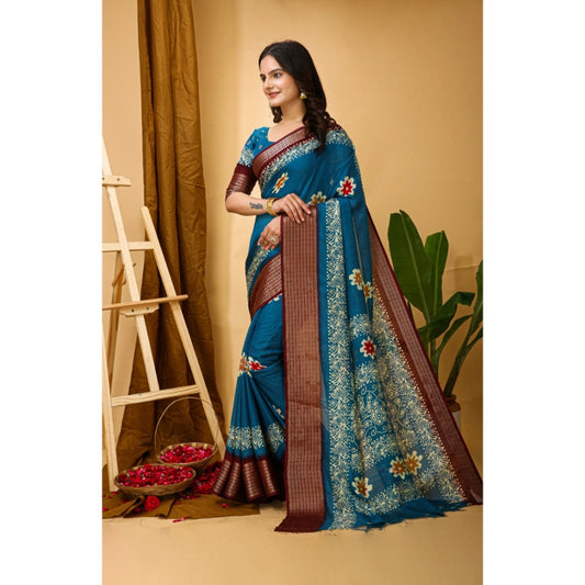 Women's Soft Blooming Marshmallow Fabric Kalamkari Printed Saree With Unstitched Blouse 5.5Mtr (Blue)