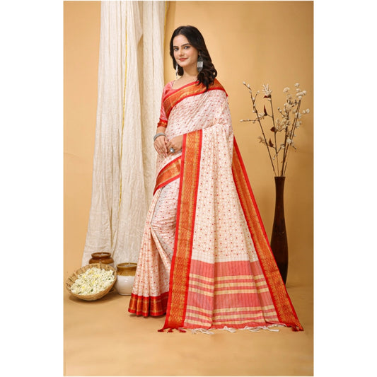 Women's Soft Cotton Silk Printed Saree With Unstitched Blouse 5.5Mtr (Red)