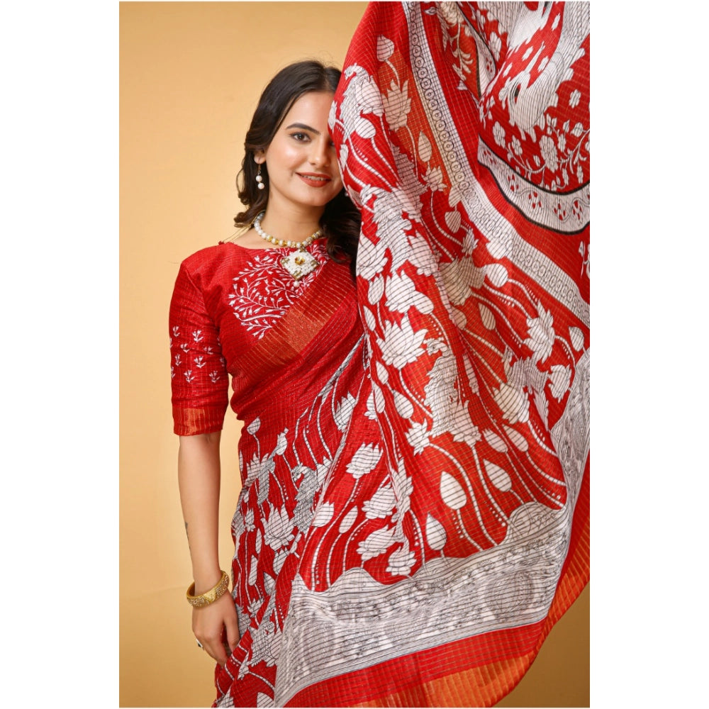 Generic Women's Soft Handloom Cotton Kalamkari Printed Saree With Unstitched Blouse 5.5Mtr (Red)