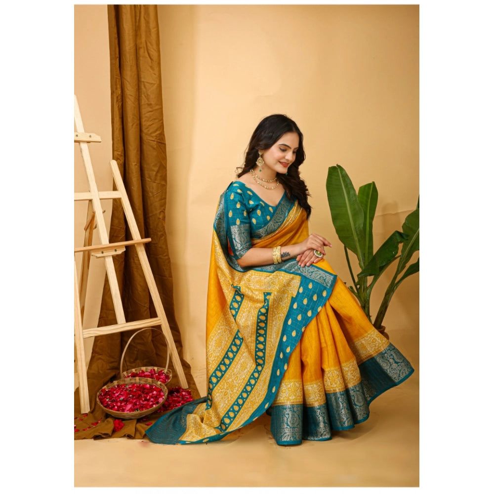 Women's Soft Dola Cotton Kalamkari Printed Saree With Unstitched Blouse 5.5Mtr (Yellow)