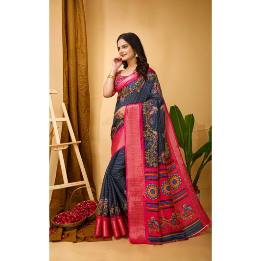 Women's Soft Dola Cotton Kalamkari Printed Saree With Unstitched Blouse 5.5Mtr (Grey)