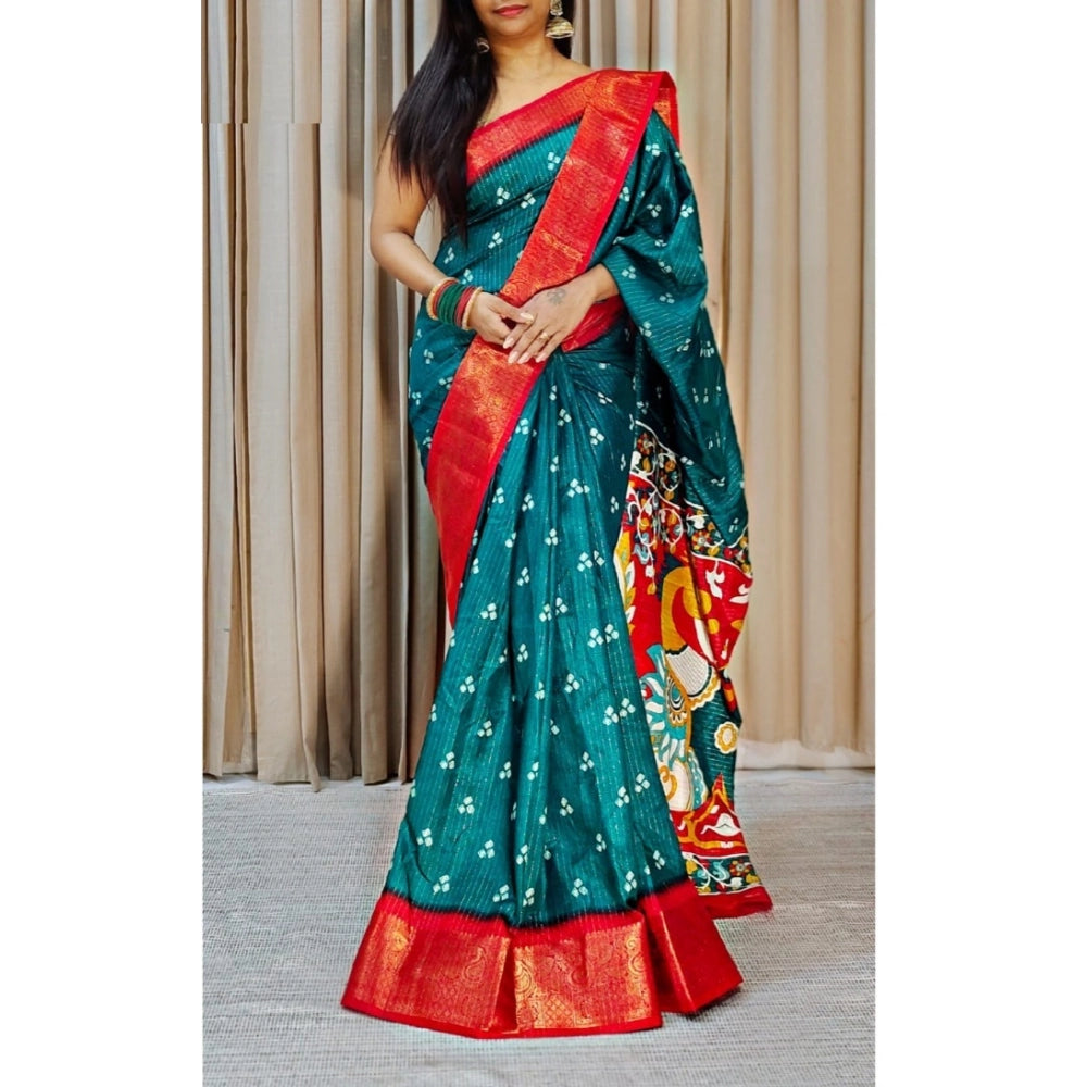 Women's Soft Dola Cotton Kalamkari Printed Saree With Unstitched Blouse 5.5Mtr (Blue)