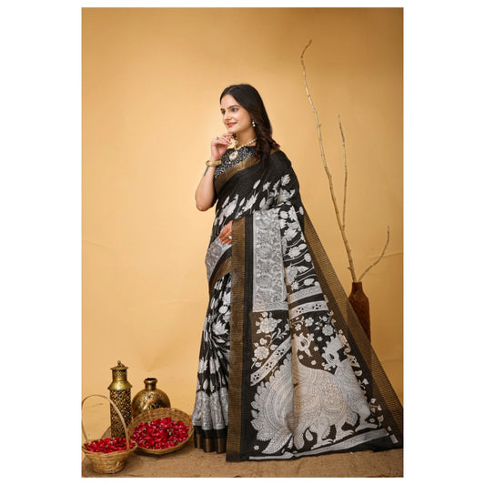 Generic Women's Soft Handloom Cotton Kalamkari Printed Saree With Unstitched Blouse 5.5Mtr (Black)