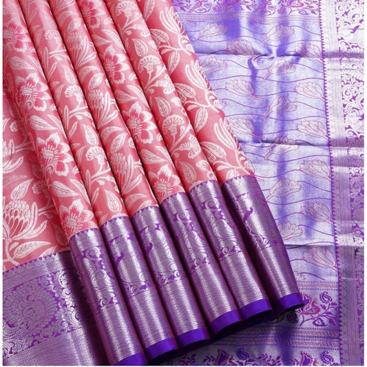 Generic Women's Soft Lichi Silk Printed Saree With Unstitched Blouse 5.5Mtr (Purple)