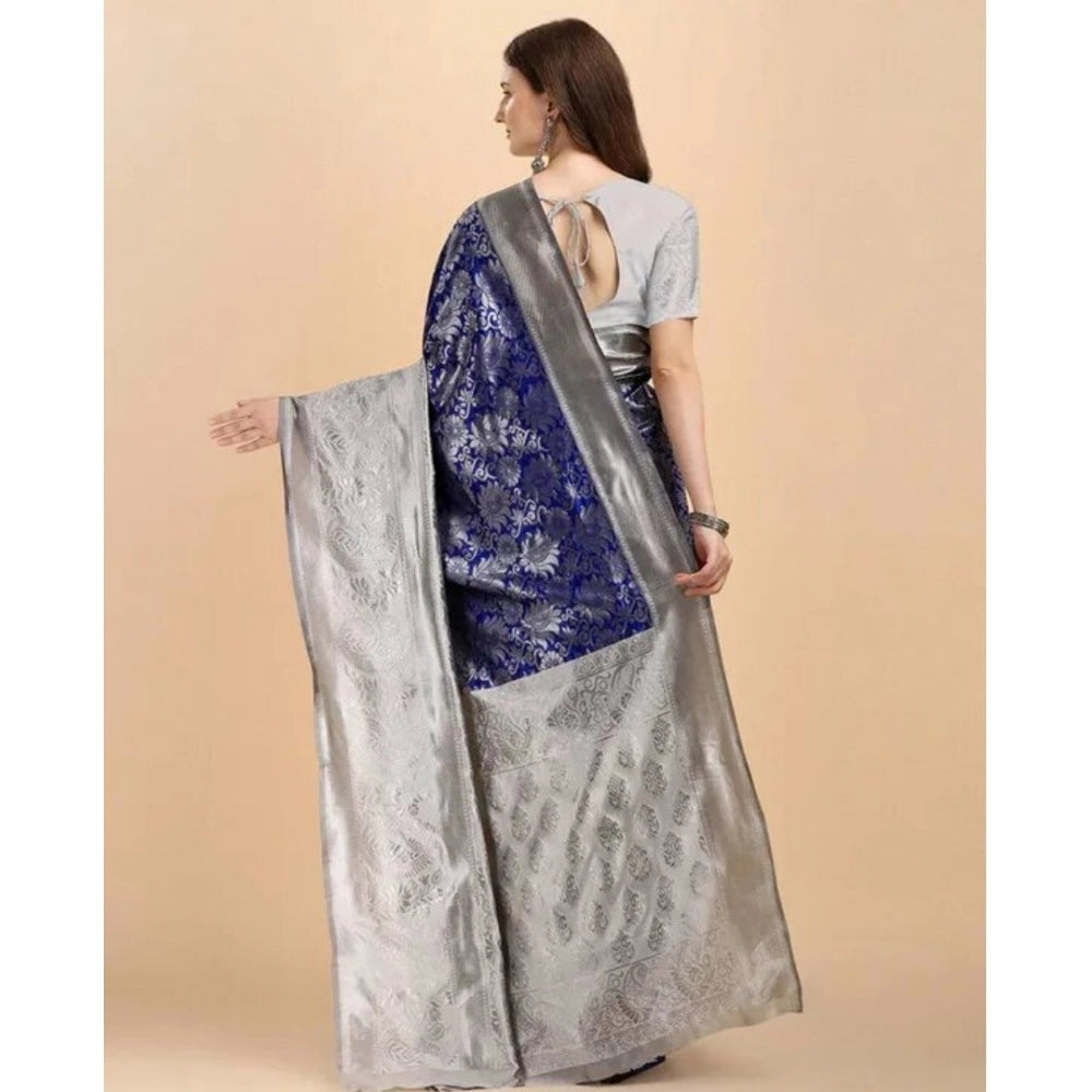 Generic Women's Soft Lichi Silk Printed Saree With Unstitched Blouse 5.5Mtr (Blue)