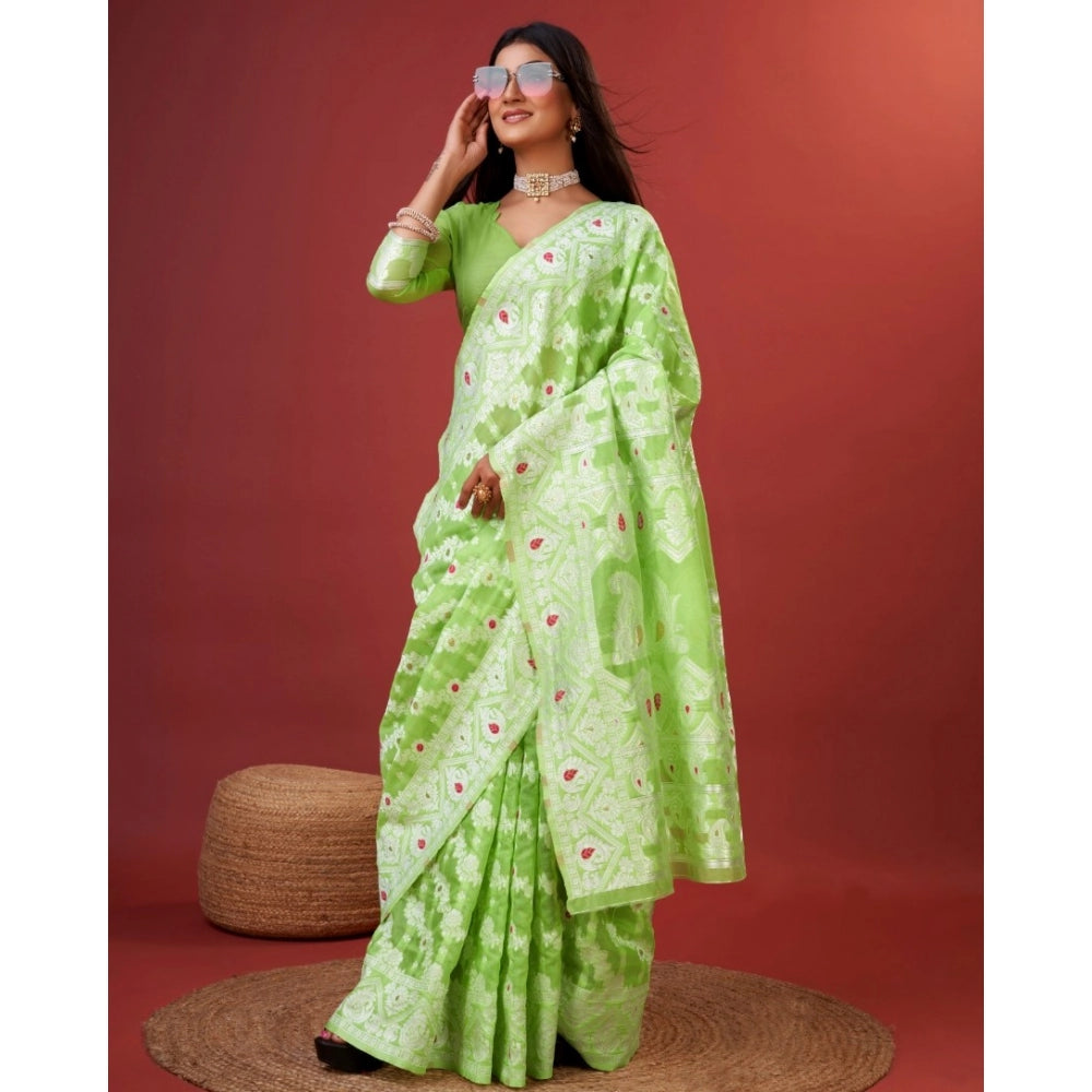 Women's Cotton Silk Printed Saree With Unstitched Blouse 5.5Mtr (Light Green)