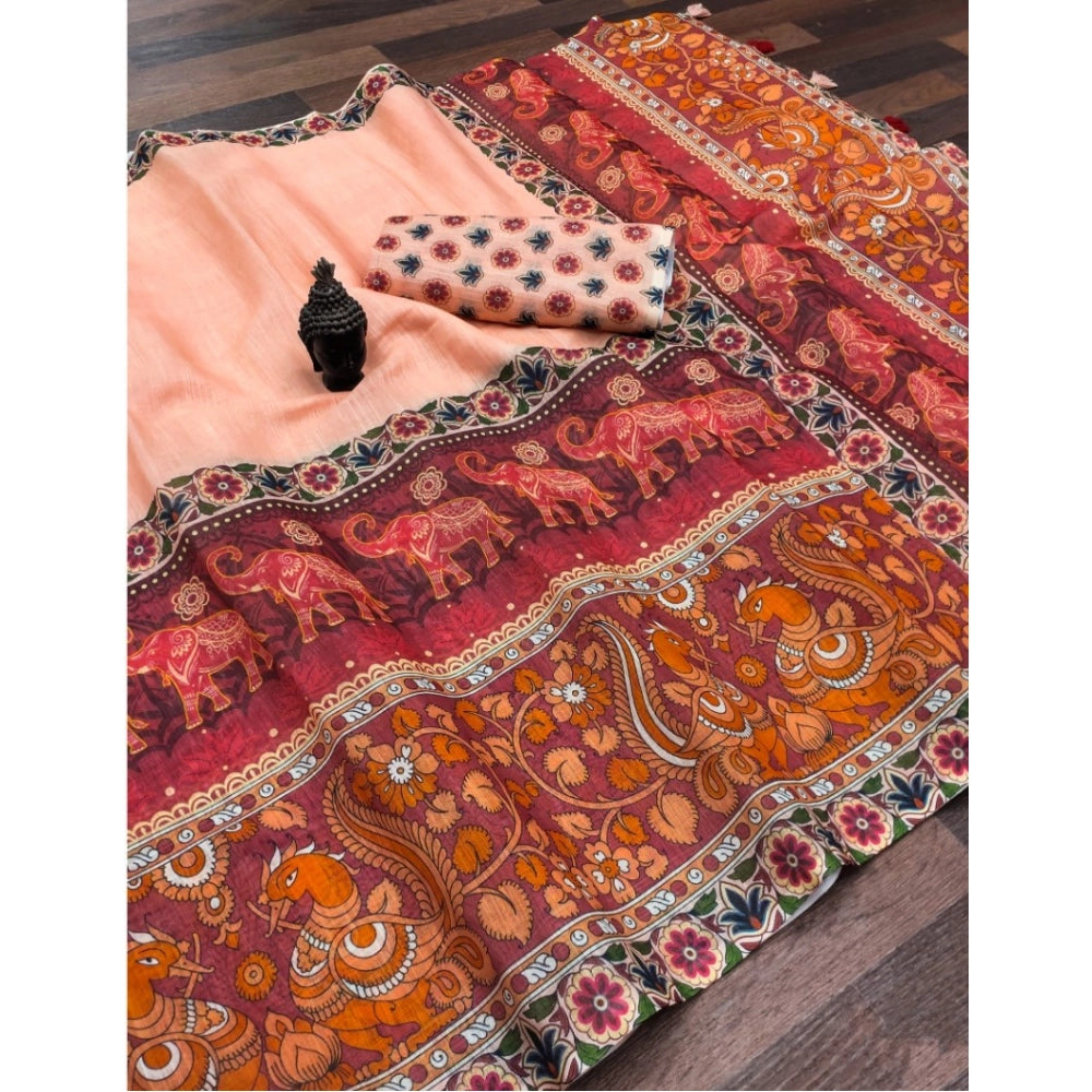 Women's linen Digital Print Saree With Unstitched Blouse 5.5Mtr (Peach)