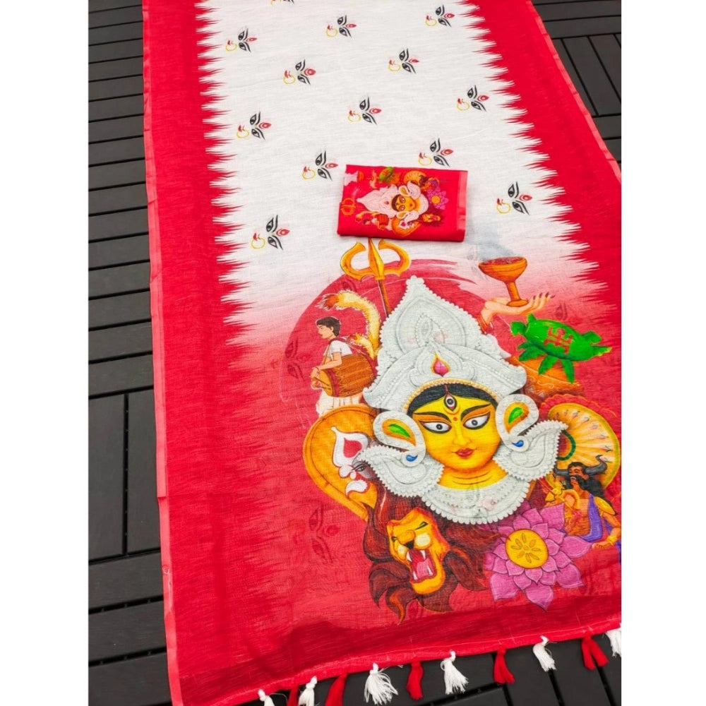 Women's linen Digital Print Saree With Unstitched Blouse 5.5Mtr (White)