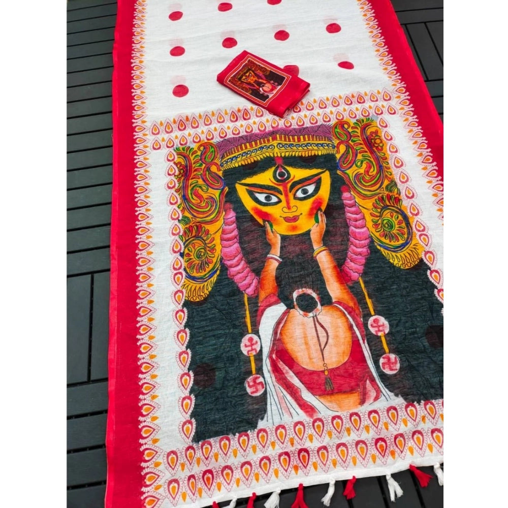 Women's linen Digital Print Saree With Unstitched Blouse 5.5Mtr (White)