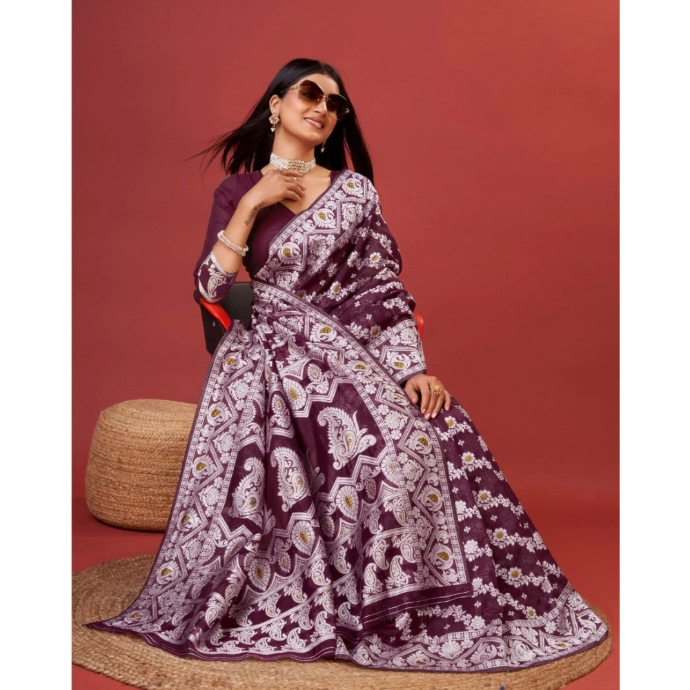 Women's Cotton Silk Printed Saree With Unstitched Blouse 5.5Mtr (Purple)