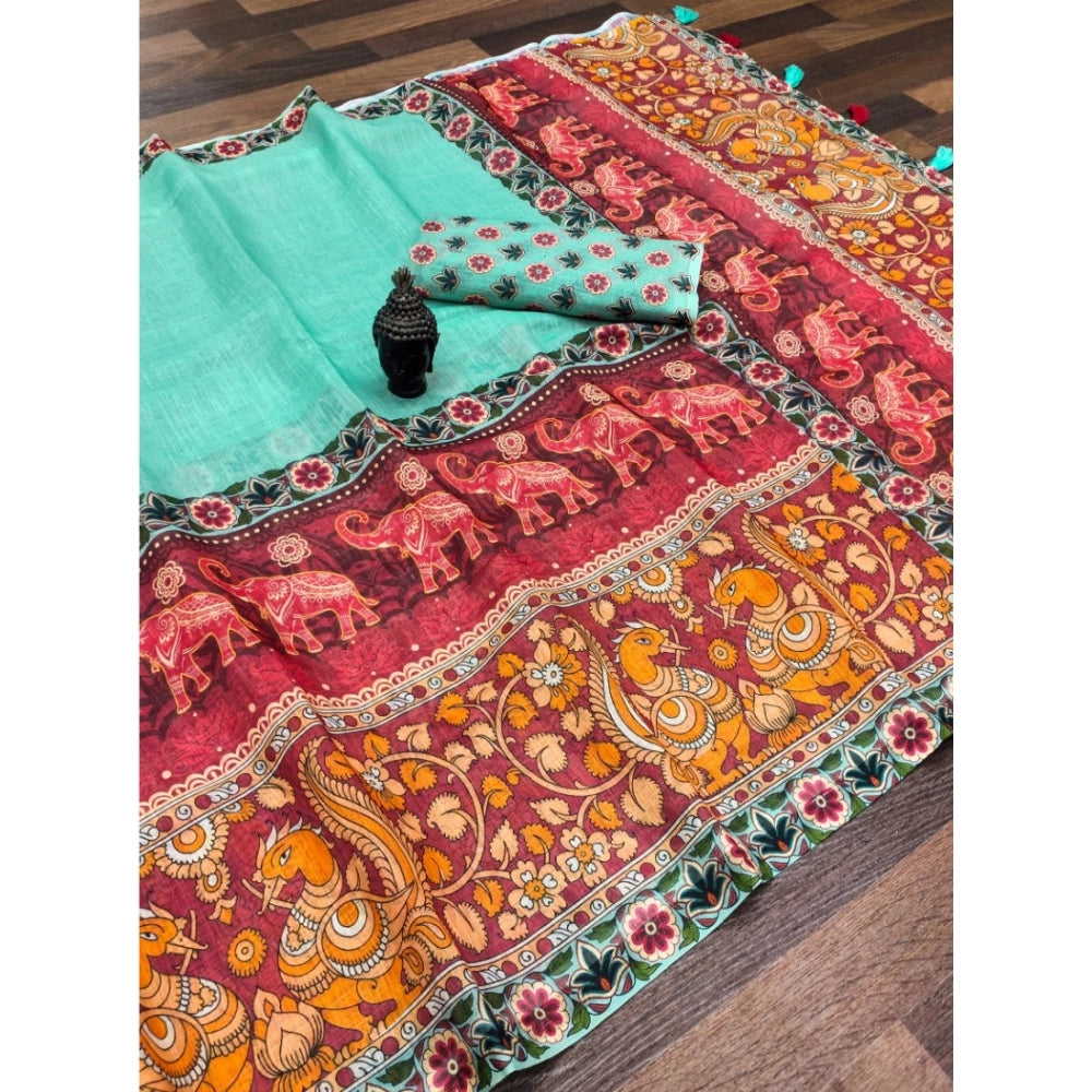 Women's linen Digital Print Saree With Unstitched Blouse 5.5Mtr (Turquoise)