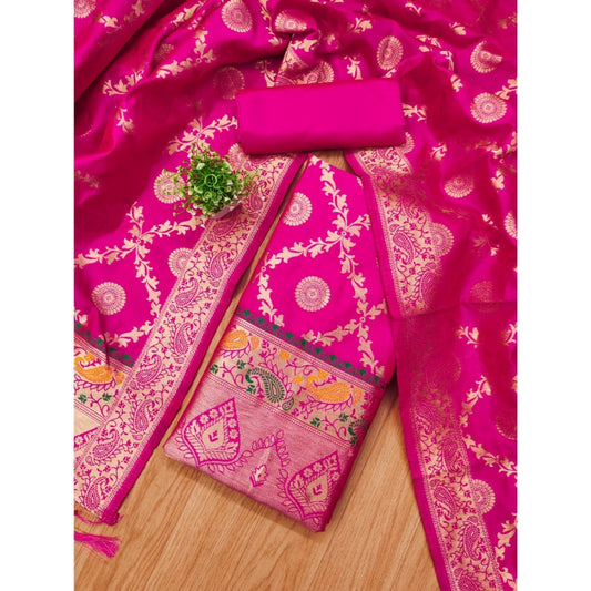Generic Women's Banarasi Silk Printed Unstitched Salwar Suit Material With Dupatta (Pink, 3Mtrs)