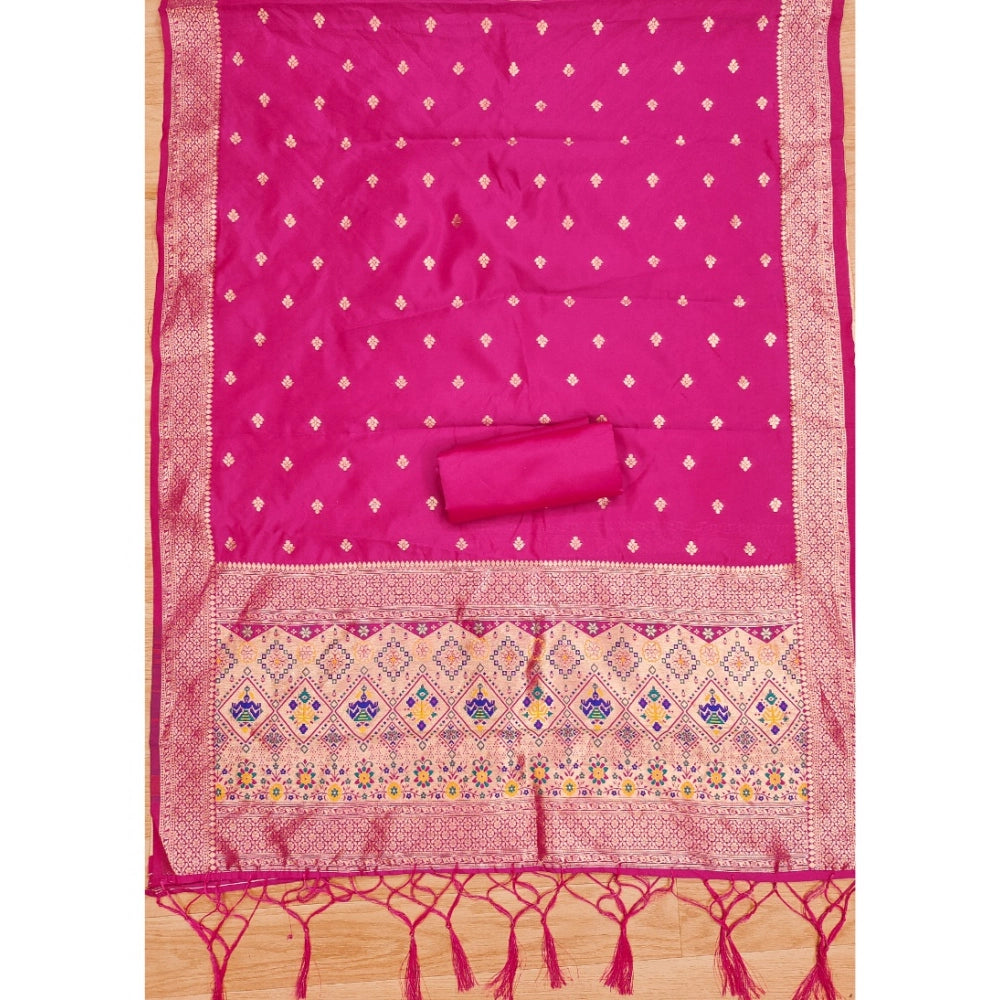 Generic Women's Banarasi Silk Printed Unstitched Salwar Suit Material With Dupatta (Pink, 3Mtrs)
