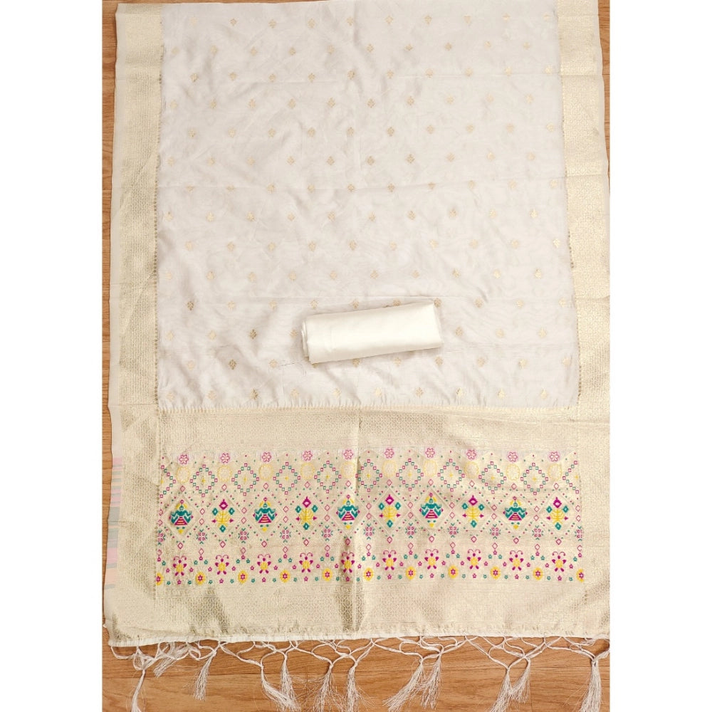 Generic Women's Banarasi Silk Printed Unstitched Salwar Suit Material With Dupatta (White, 3Mtrs)
