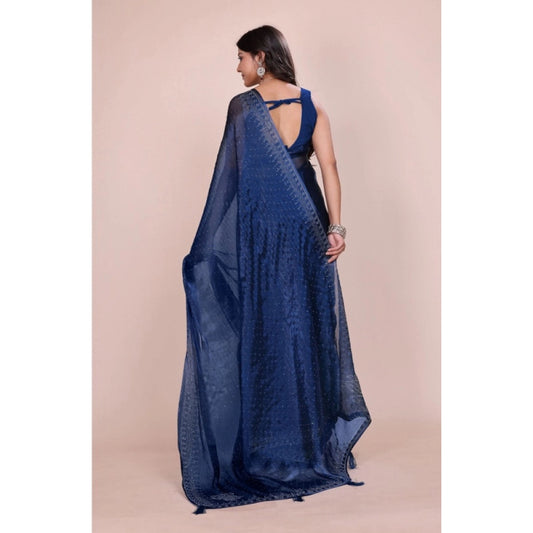 Women's Jimmy choo Embellished Bollywood Saree With Unstitched Blouse 5.5Mtr (Blue)