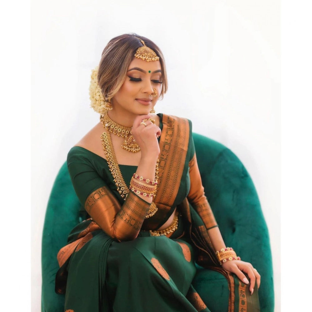 Generic Women's Litchi silk Printed Saree With Unstitched Blouse (Green)